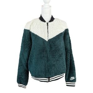 Nike Sherpa Fleece Bomber Jacket Womens Large Green White Windrunner 939388-372
